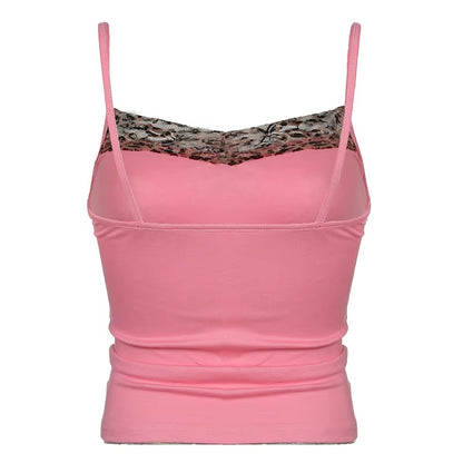 Y2K leopard lace bow cami- pink retro crop top