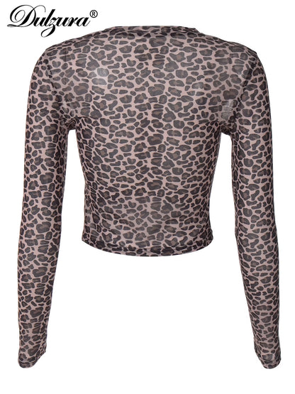 Sexy Long Sleeves Tops Mesh T Shirt Leopard Printed Bodycon Women Clothes Lady Party Club Streetwear Casual Nightout Y2K