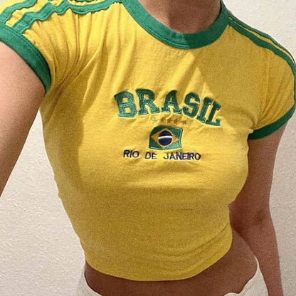 Womens Aesthetic BRASIL Letter Print T-Shirt and Shorts Suit, Vintage Grunge Short Sleeve Baby Tees, Summer Crop Top Y2K Clothe