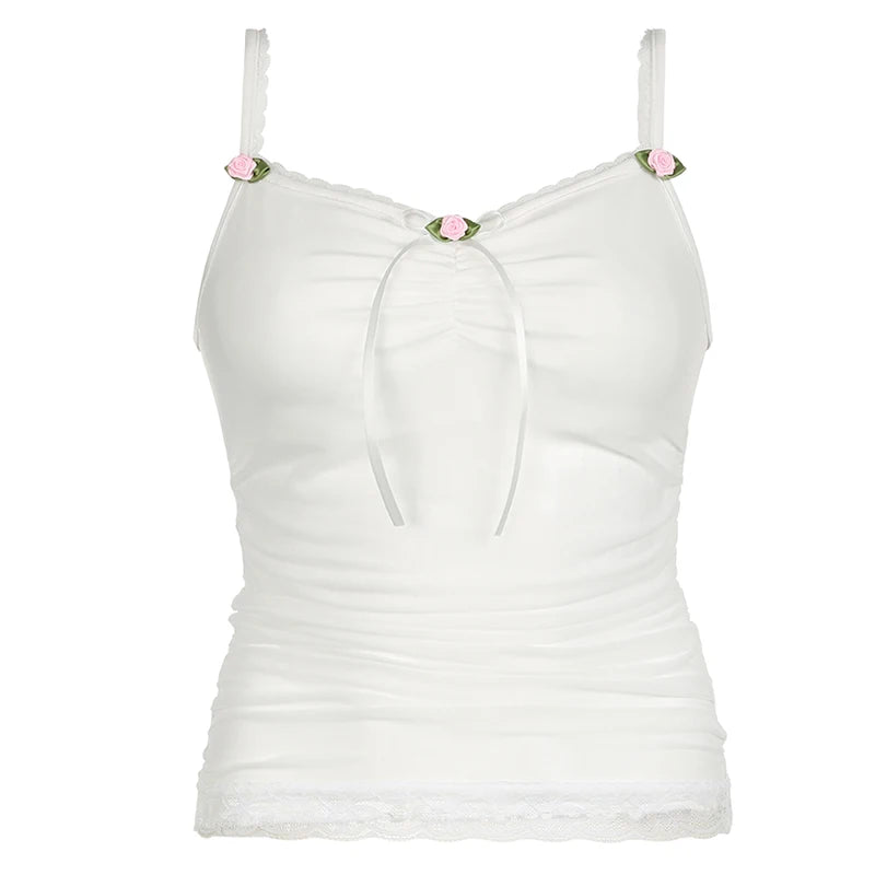  Y2K Lace Bow Cami – White Retro Spaghetti Strap Top