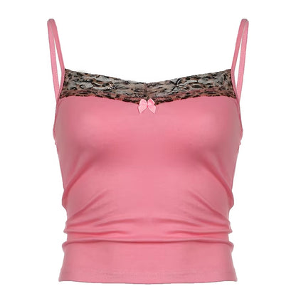 Y2K leopard lace bow cami- pink retro crop top