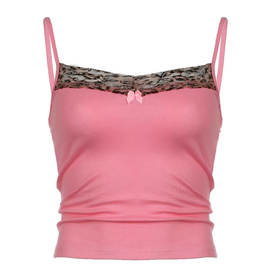 Y2K leopard lace bow cami- pink retro crop top