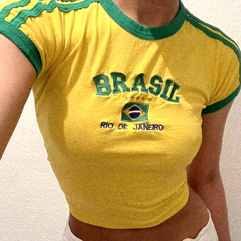 Womens Aesthetic BRASIL Letter Print T-Shirt and Shorts Suit, Vintage Grunge Short Sleeve Baby Tees, Summer Crop Top Y2K Clothe