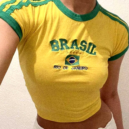 Womens Aesthetic BRASIL Letter Print T-Shirt and Shorts Suit, Vintage Grunge Short Sleeve Baby Tees, Summer Crop Top Y2K Clothe